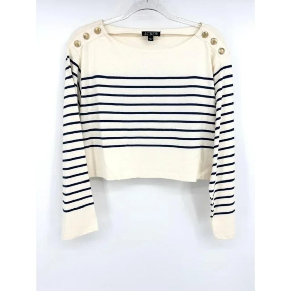 J Crew Cropped Boatneck T-Shirt With Buttons Mariner Cotton Nautical Size Medium